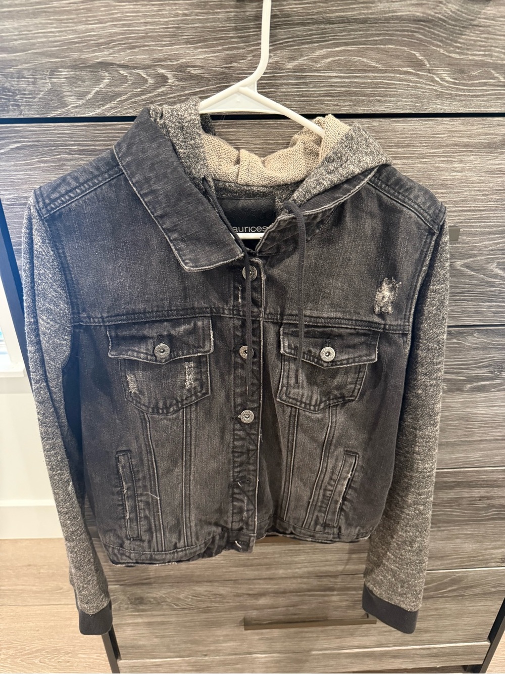 Maurices Black Denim Jacket with Gray Knit Hood & Sleeves